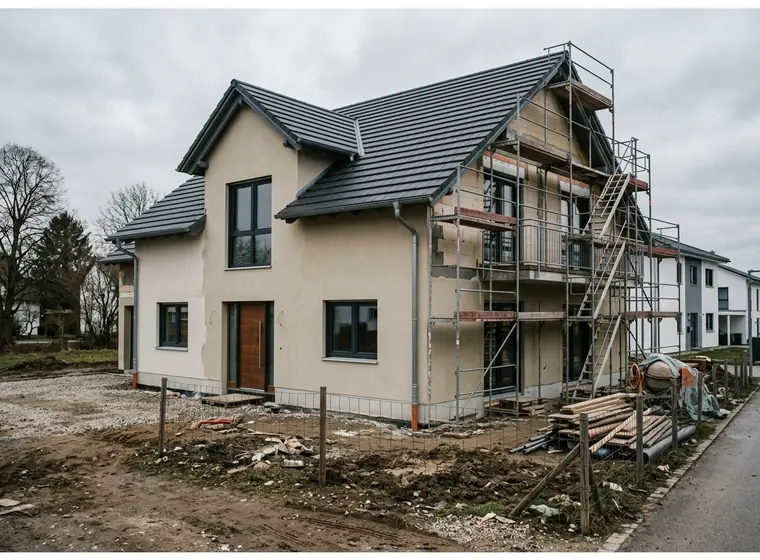 Neubau mit Gerüst kurz vor der Fertigstellung
